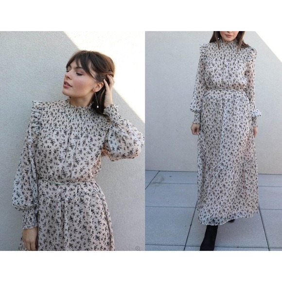 English Factory Dress Floral Mock Neck Maxi Back keyhole Women's Size S Beige - Picture 1 of 12